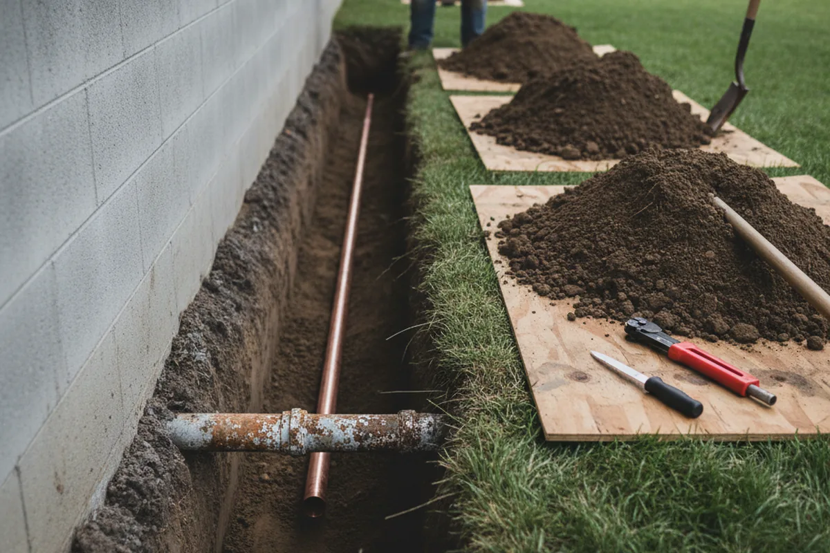 Excavated water line trench during Water Softener Installation in Clover